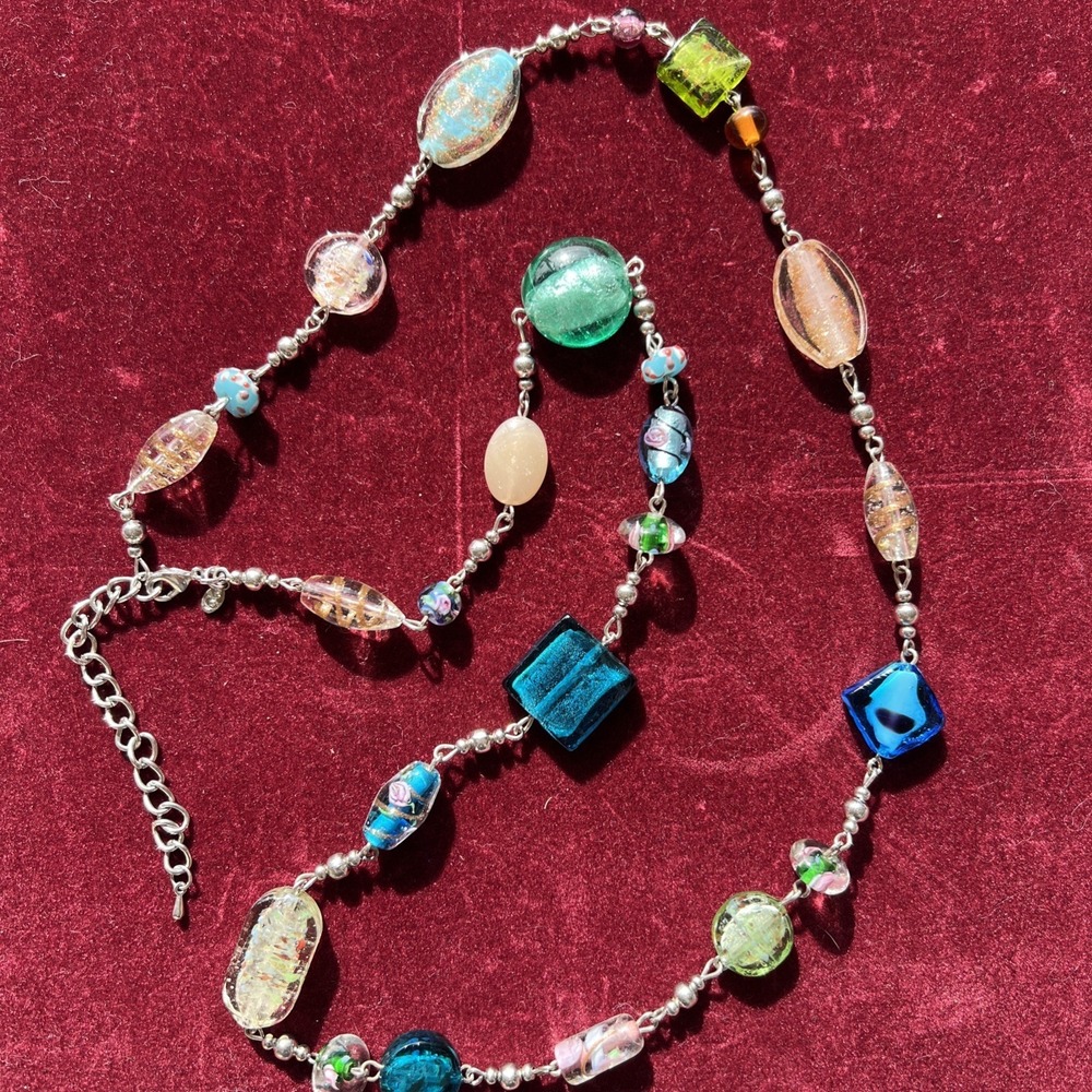 Premier Designs Bead Necklace Multi Color Art Glass Silver Tone Chain 33" - 36"